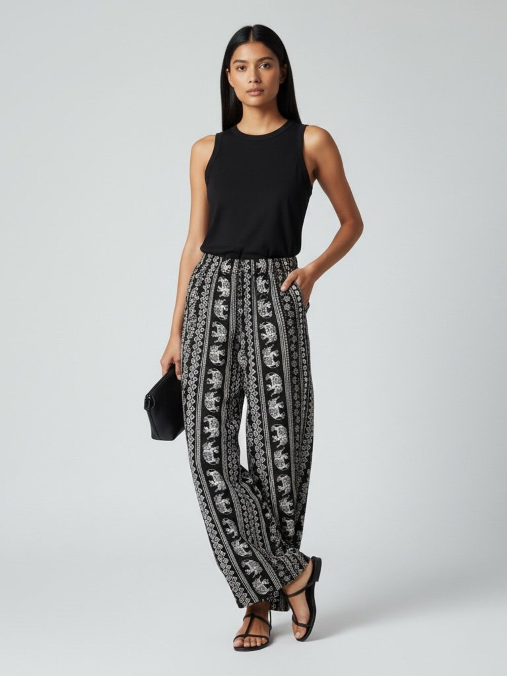 Elephant Print Rayon Pants Petite M Boho Wide Leg Pull-On Flowy